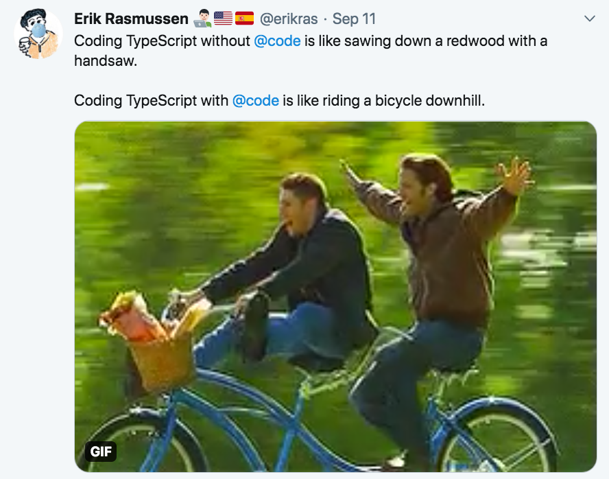 Screenshot of Tweet from @erikras about TS + Code