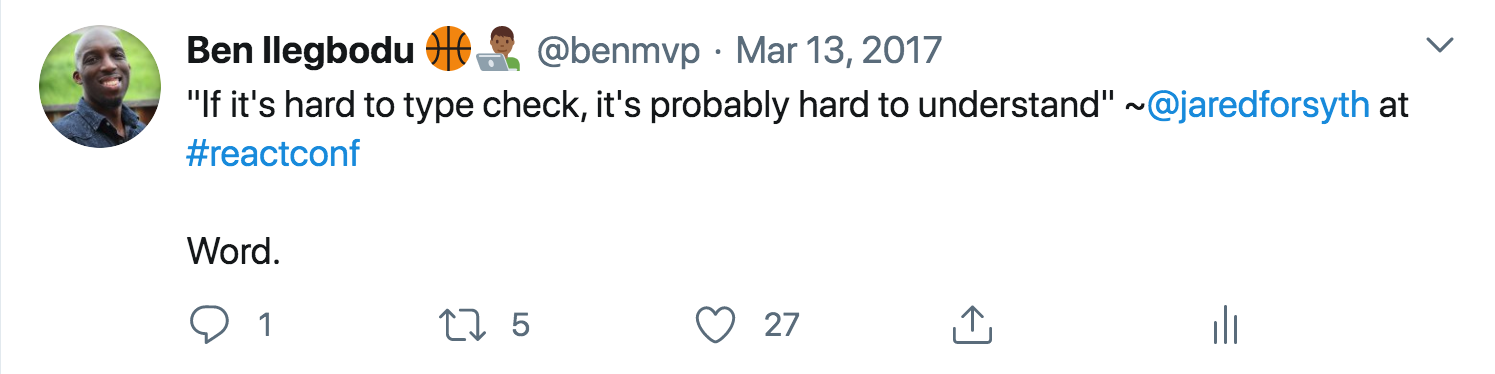 A screenshot of a tweet from Jared Forsyth at ReactConf about type checking